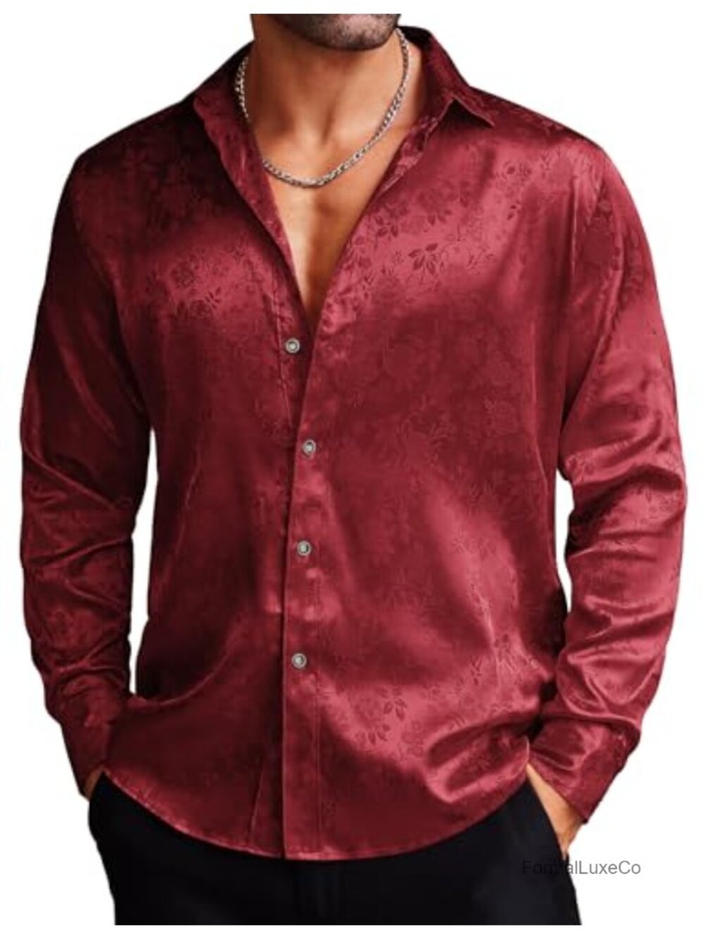 Men's Silk Satin Jacquard Floral Button-Up Long Sleeve Dress Shirt Party Wedding